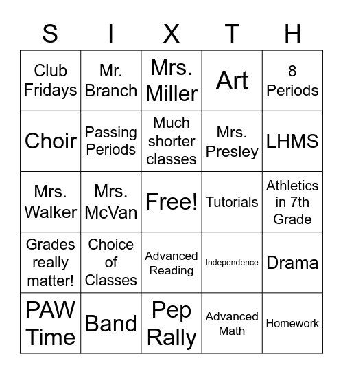 Sixth Grade Bingo! Bingo Card