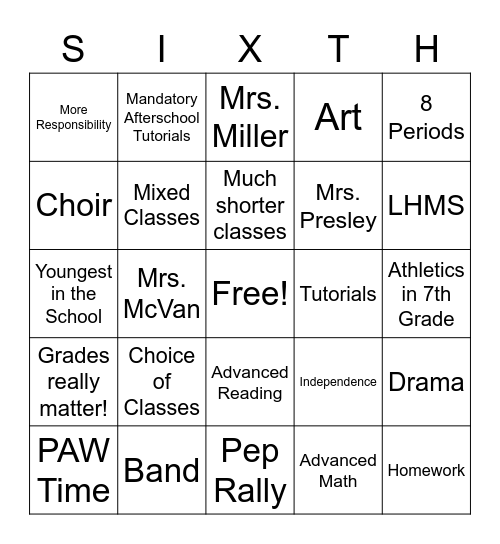 Sixth Grade Bingo! Bingo Card