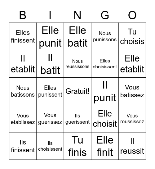 IR Verbs Bingo Card