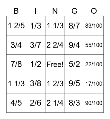 Fractions Bingo Card