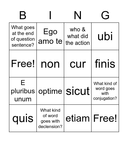 Latin Bingo Card