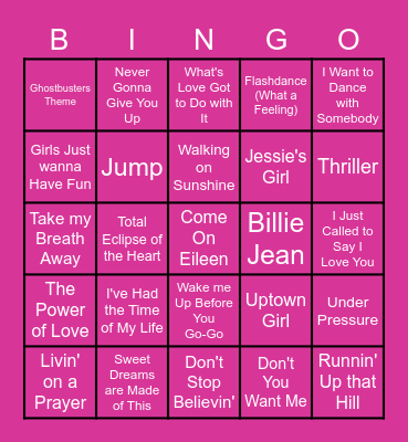 80s Music Bingo Card