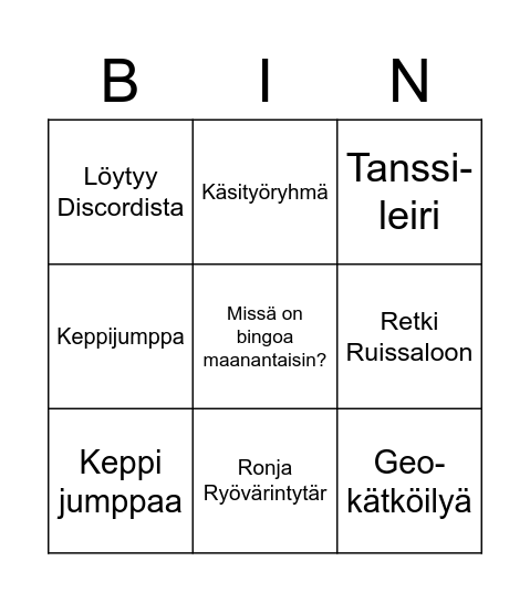 Kesäpuuhaa Bingo Card