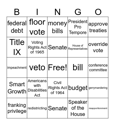 LSN Government: Congress Bingo Card