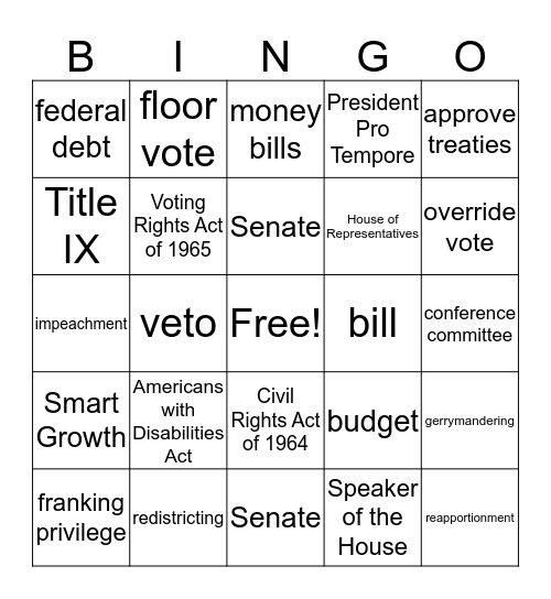 LSN Government: Congress Bingo Card