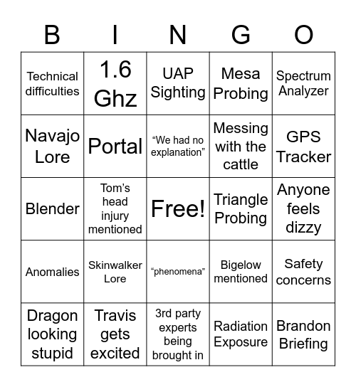 Skinwalker Ranch Bingo Card