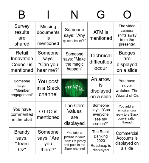 Team Oz Bingo Card