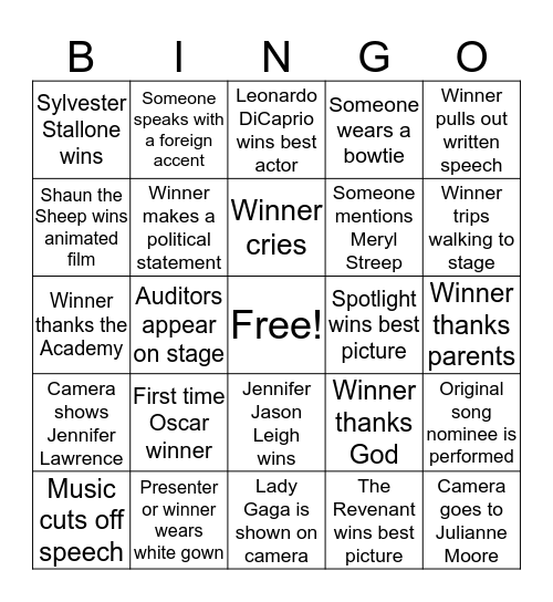 Academy Award Bingo Card