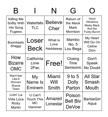 90s Music Bingo Card