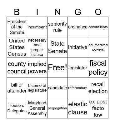 LSN Government: Congress, Pt 2 Bingo Card