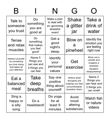 Coping Skills Bingo Card