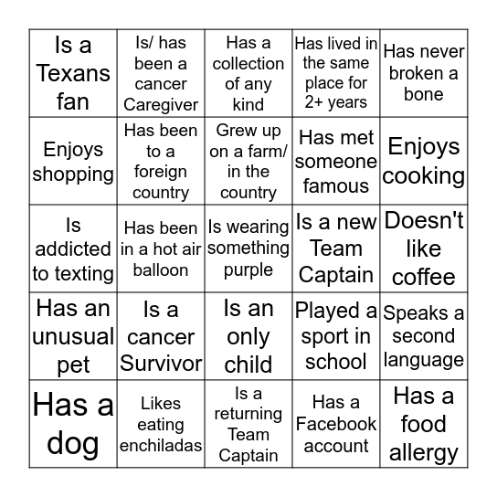 RFL Katy/ West Houston People Hunt Game Bingo Card