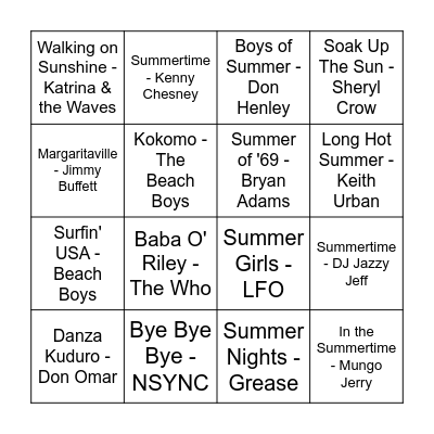 Summer Playlist Bingo Card