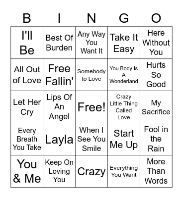 Rock Love Songs Bingo Card