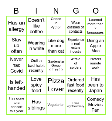 Gardenstar Bingo Icebreaker Bingo Card