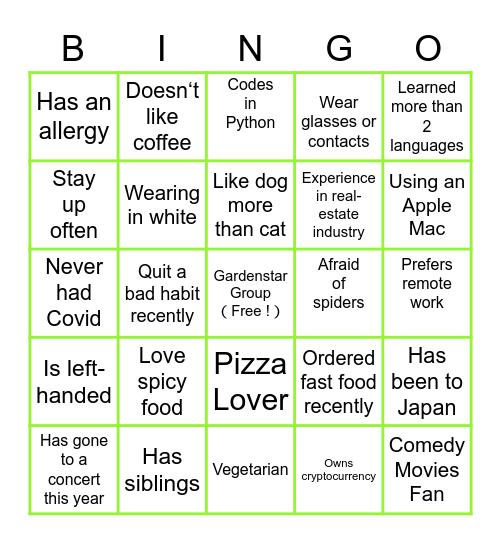 Gardenstar Bingo Icebreaker Bingo Card