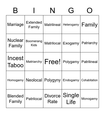 Family Vocabulary Bingo Card