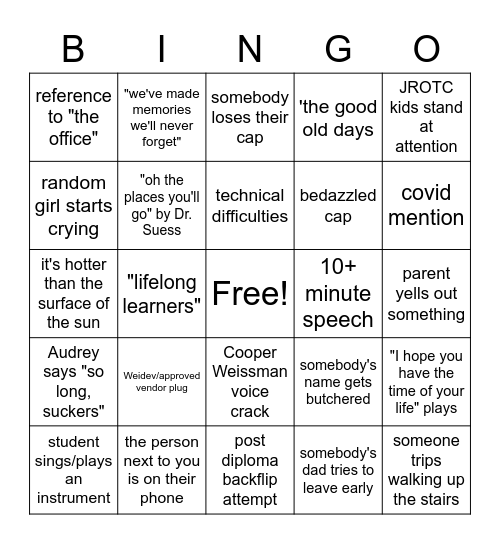 Graduation Bingo Card