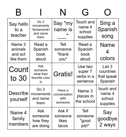 Spanish Skills BINGO Card