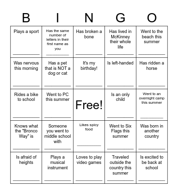 Back to School Bingo Card