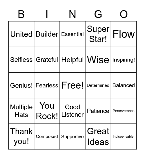 Inspirational Words Bingo Card