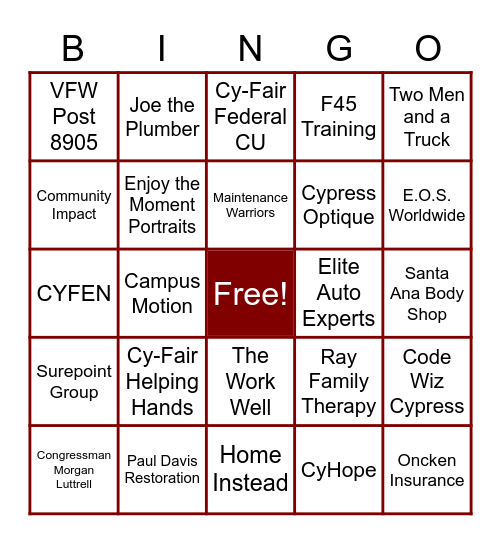 Cy-Fair Houston Chamber Spring 2023 Business Expo Bingo Card