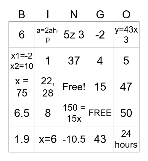 B = I + NG x O Bingo Card