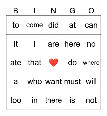 Kindergarden Heart Words Bingo Card