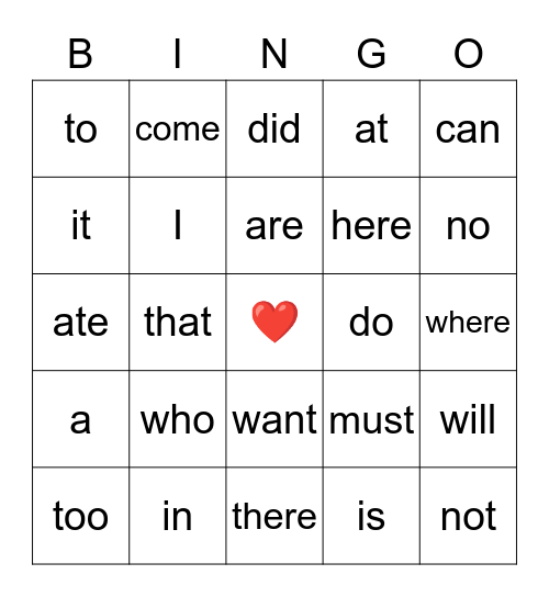 Kindergarden Heart Words Bingo Card