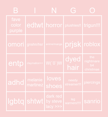 nic bingo!!! Bingo Card