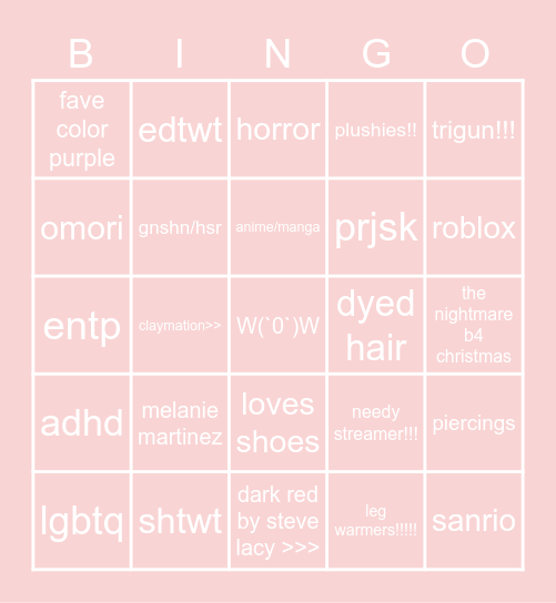 nic bingo!!! Bingo Card