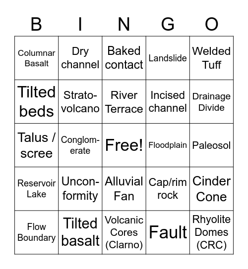 John Day Field Trip Bingo Card