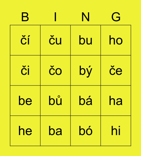 slabiky s písmenem č, b Bingo Card