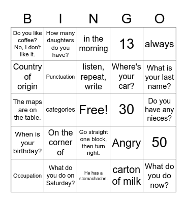 English Review Bingo Card