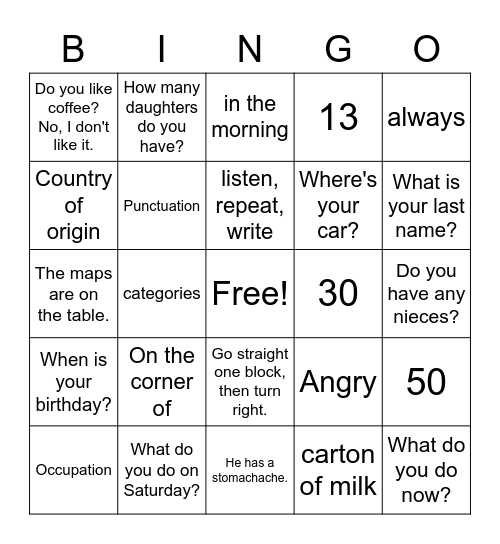 English Review Bingo Card