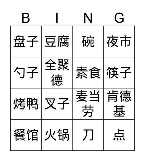 在餐馆吃饭 Bingo Card