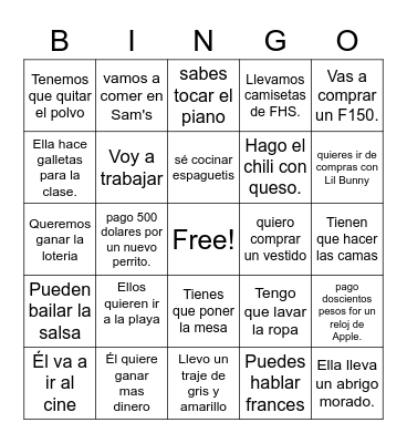 Final Exam Verb Review Bingo Card