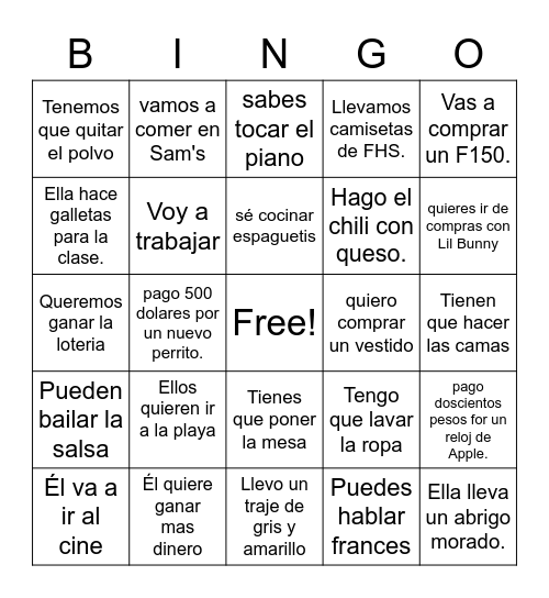 Final Exam Verb Review Bingo Card