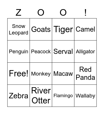 Tauphus Park Zoo Bingo Card