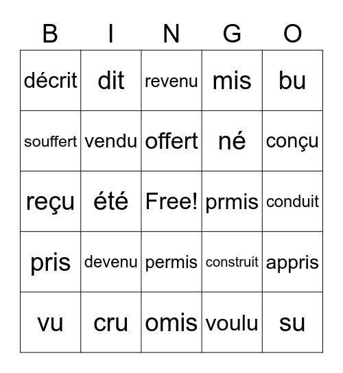 Verbs to PPs Bingo Card