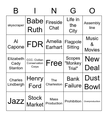 Great Depression Bingo Card