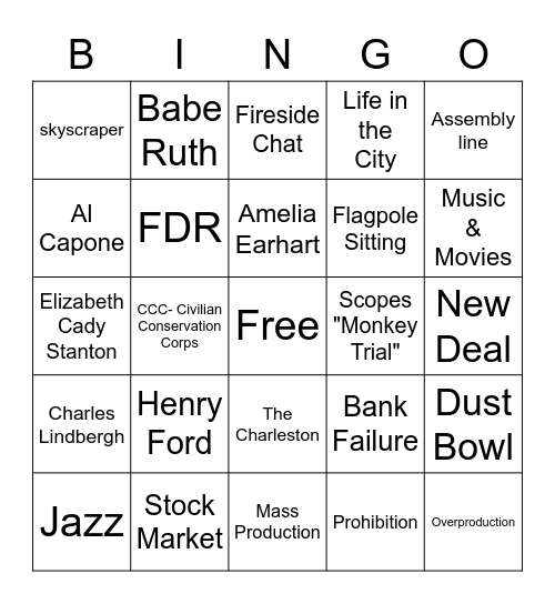 Great Depression Bingo Card
