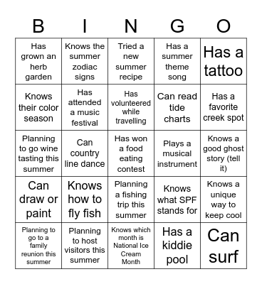 Summer Staff Event Bingo Card