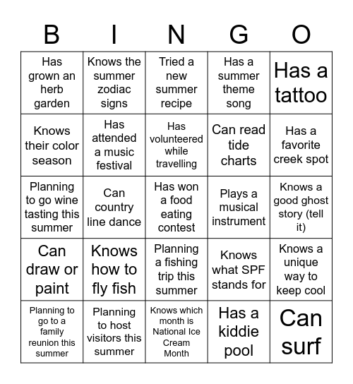 Summer Staff Event Bingo Card