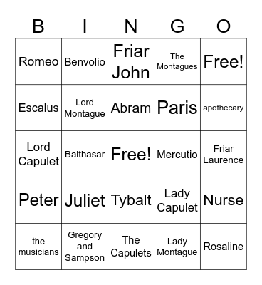 Romeo and Juliet Characters Bingo Card