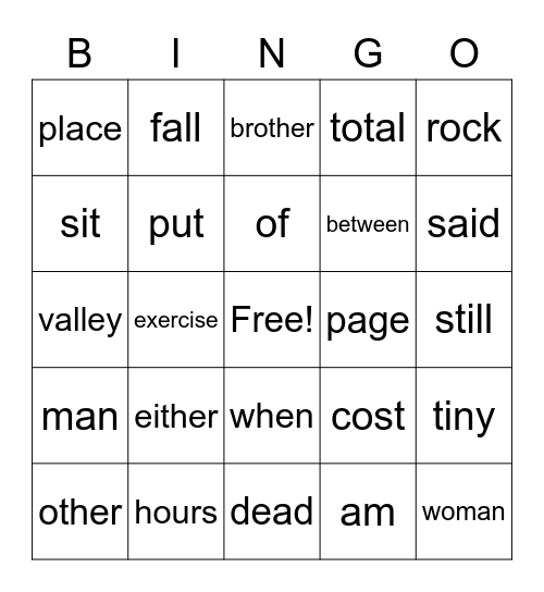 Sight Word Variety 27 Bingo Card