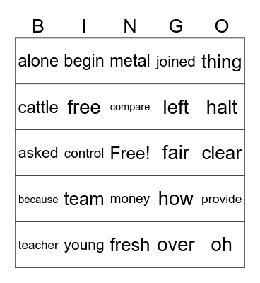 Sight Word Variety 32 Bingo Card