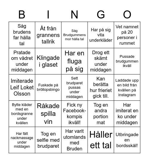 Bröllopsbingo. Någon vid ert bord... Bingo Card