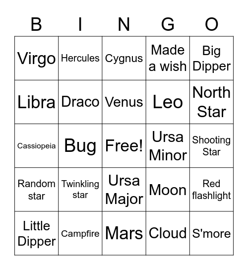 SU404 Stargazing Bingo Card