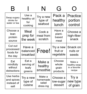 Healthy Eating Bingo Card